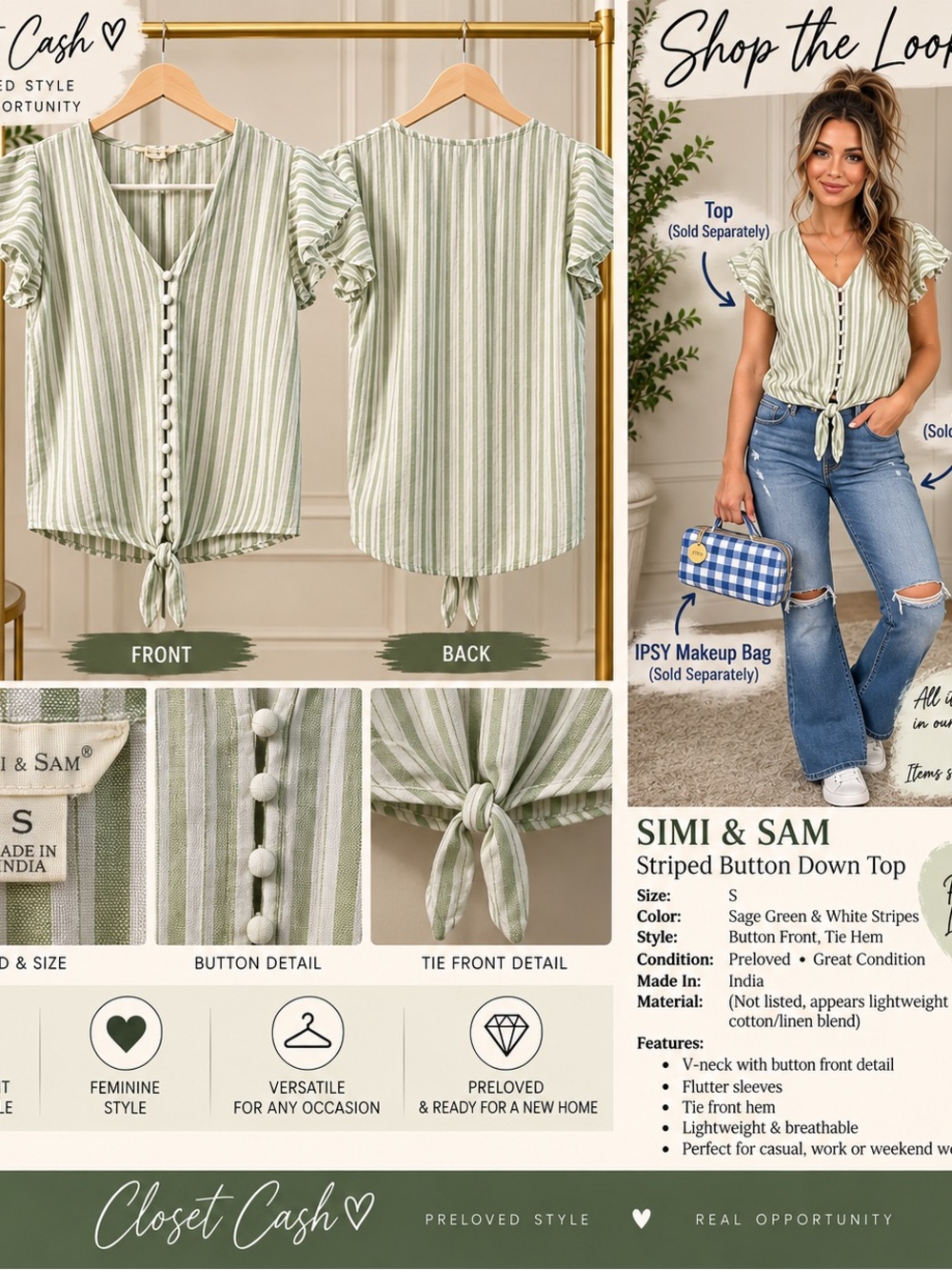 Sage Green Stripe Button-Down Tie Front Top